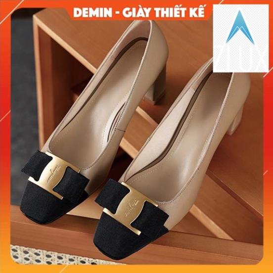 💇 Giày cao gót DEMIN giày cao gót cao cấp mũi vuông gắn nơ xinh xắn đế 6cm - KCG053 💇