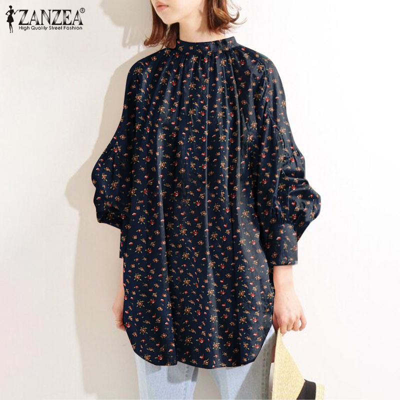 ZANZEA Women Stand Collar Printed Long Puff Sleeve Loose Blouse | BigBuy360 - bigbuy360.vn