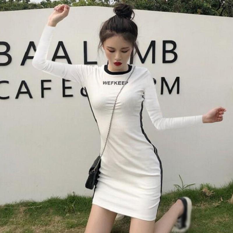 Đầm Bó Tay Dài Cổ Tròn In Chữ Kiểu Hàn Cho Nữ