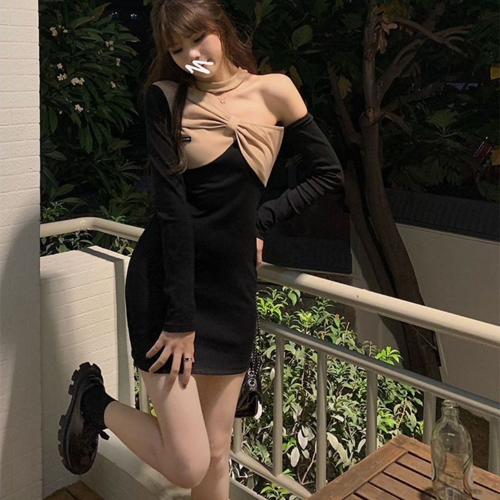 Váy body dài tay , đầm ngắn dáng ôm sexy , hở vai vải bông co dãn cao cấp phong cách thu đông Hàn Quốc