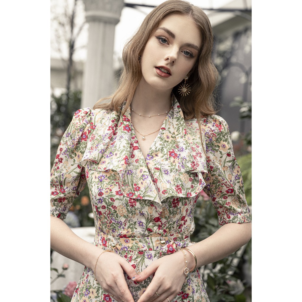 Đầm hoa xòe Emspo, giao cúc mở vạt, buộc nơ eo, cổ bẻ lá cổ bản to DM4008