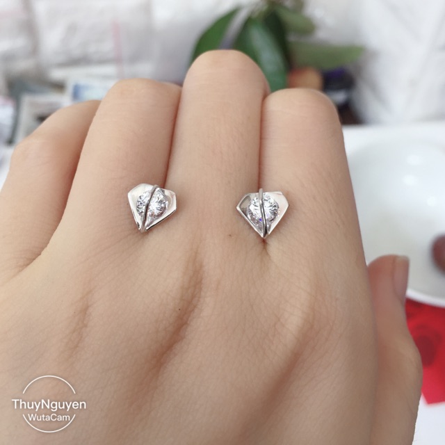 Khuyên tai hình tam giác kim cương tim đính đá nhân tạo bạc thật mạ vàng trắng cao cấp
