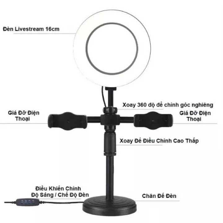 Giá Đỡ 2 Điện Thoại Livestream Có Đèn Led, Kẹp Điện Thoại Để Bàn Quay Video Tiktok Có Đèn Led 3 Màu - Có Video, Ảnh Thật