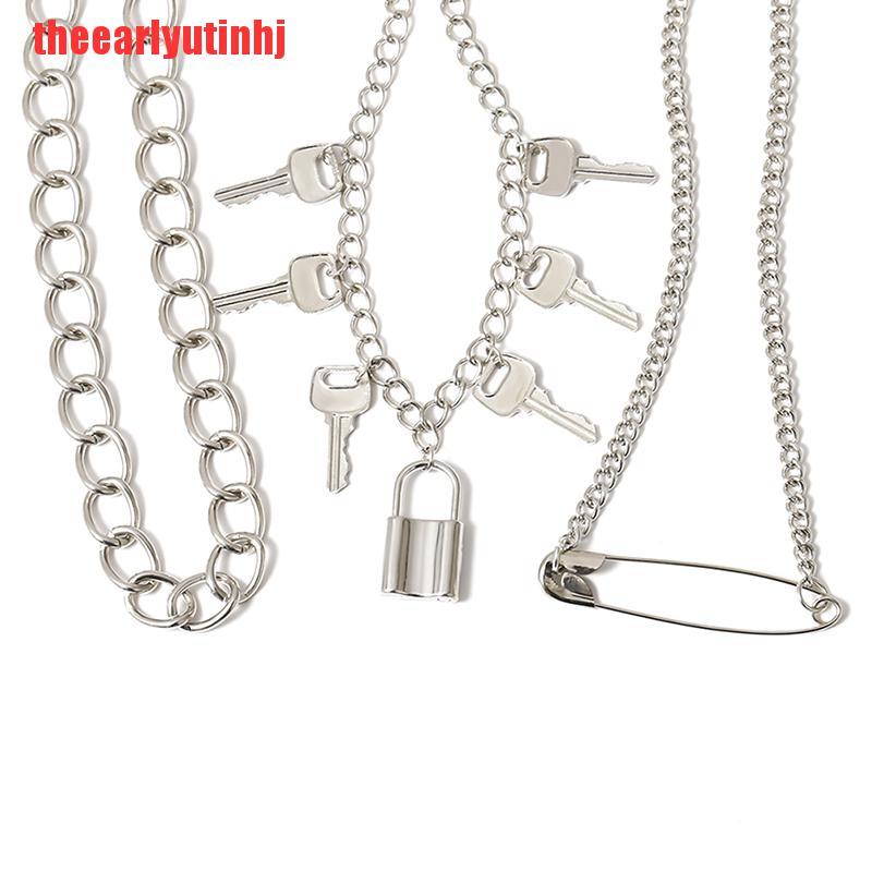 INHJ Gothic Big Lock Key Angel Pendant Necklace Punk Hip Hop Choker Necklace Jewelry