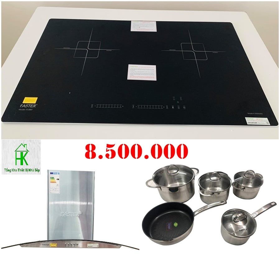 Bếp từ đôi chính hãng Faster nhập khẩu Malaysia Faster FS888T tặng hút mùi kính cong + bộ nồi từ 5 món chính hãng