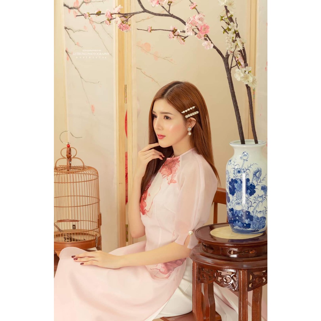 Áo dài cách tân nữ tơ hoa màu hồng màu trắng nhẹ nhàng chụp ảnh xinh áo dài đi cưới áo dài tết VINNA