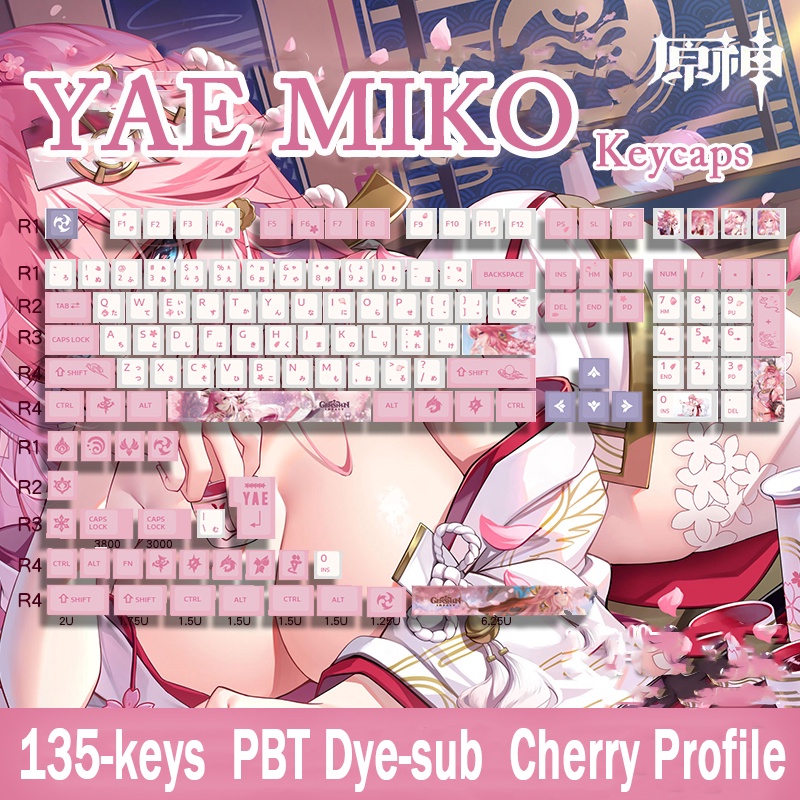 Keycap Genshin Impact YAE MIKO Nút Bàn Phím PBT Dye sub Keycaps Nhuộm Thăng Hoa 135 Phím Họa Tiết Hoạt Hình anime Màu Hồng