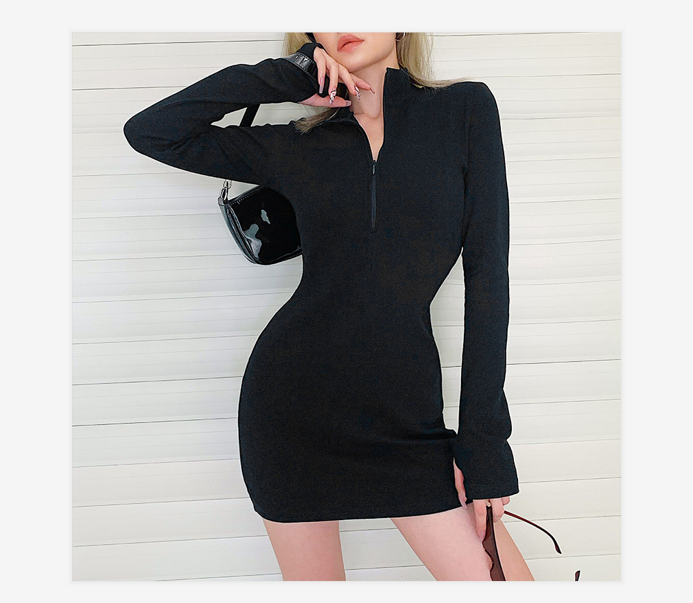 Đầm Body Tay Dài Phối Khoá Kéo Thiết Kế Màu Trơn Thanh Lịch