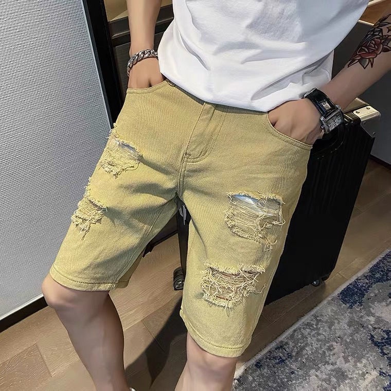 Quần short Denim Thể Thao Mùa Hè Năm Tấc Màu Đỏ Phối Vết Rách Mới Dễ Giặt Màu Trắng Cho Nam