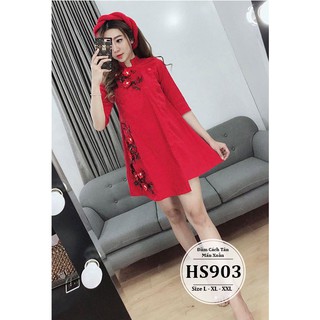 ÁO DÀI CÁCH TÂN BIGSIZE MẤN XOẮN HOA THÊU 3D HS903 - KÈM MẤN - SIZE L XL XXL