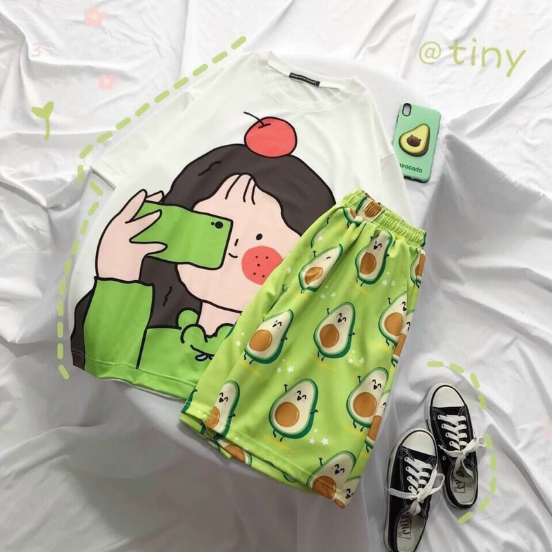 Set bộ đùi Cô gái chụp hình cartoon hoạt hình áo 3D + Quần đùi - Set bộ quần áo nữ Unisex Freesize 38-70kg