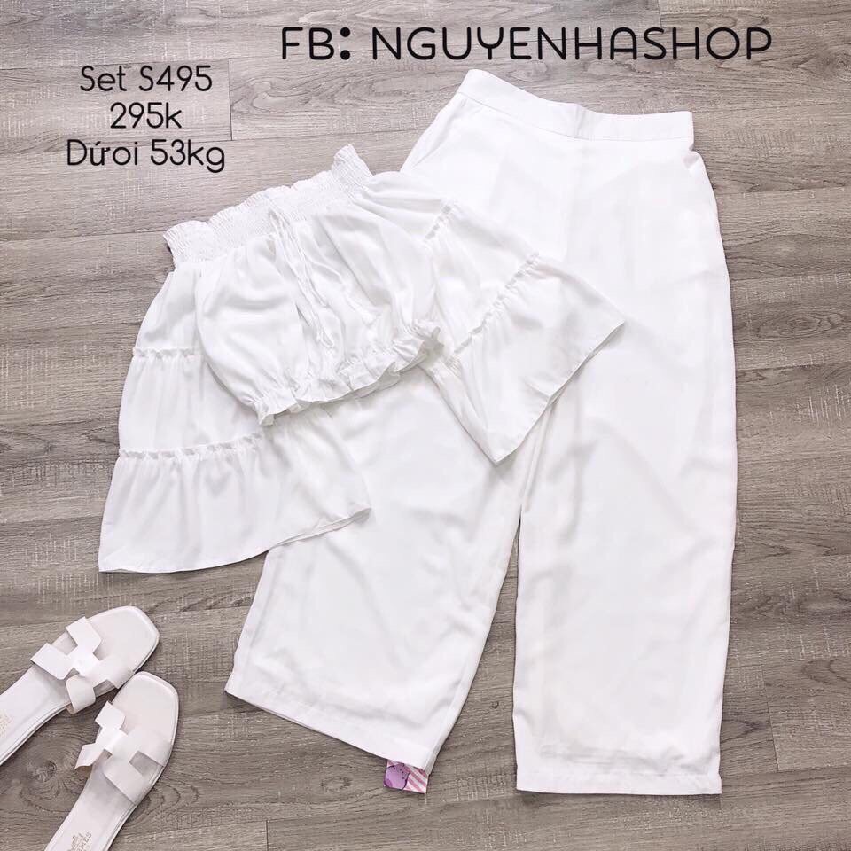 BG sét bộ quần ống rộng áo trễ vai tay dài gấp tầng