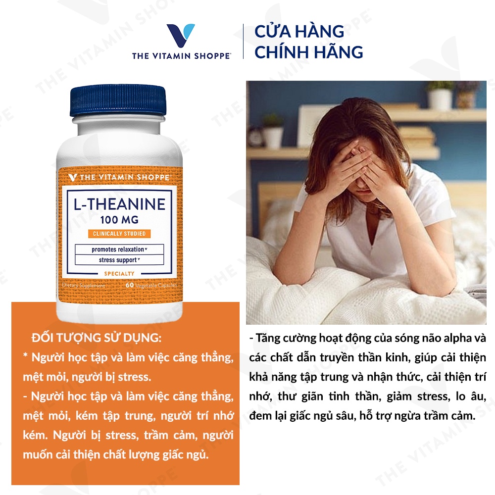 Viên uống giảm căng thẳng mệt mỏi The Vitamin Shoppe L-Theanine 100 MG