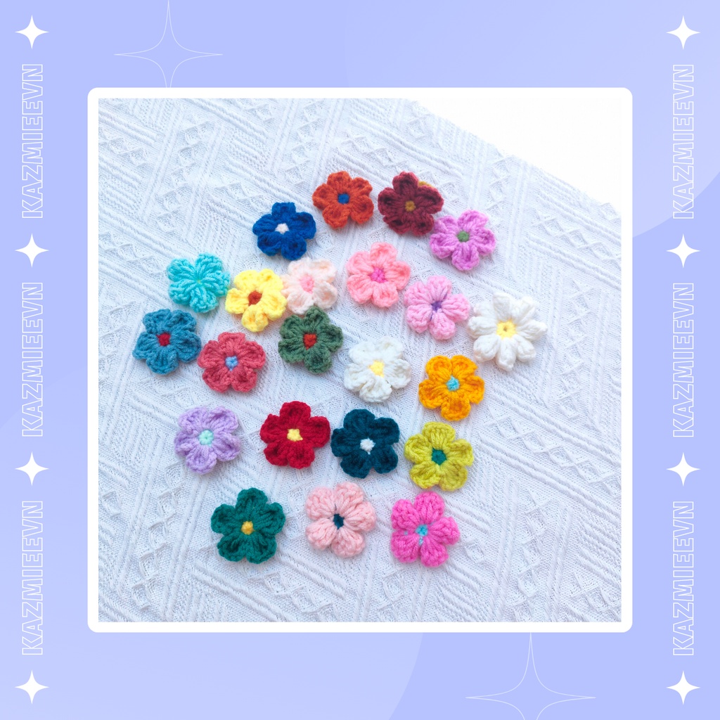 Hoa len trang trí, pin cài áo, balo handmade hoa 5 cánh nhiều mắc sắc