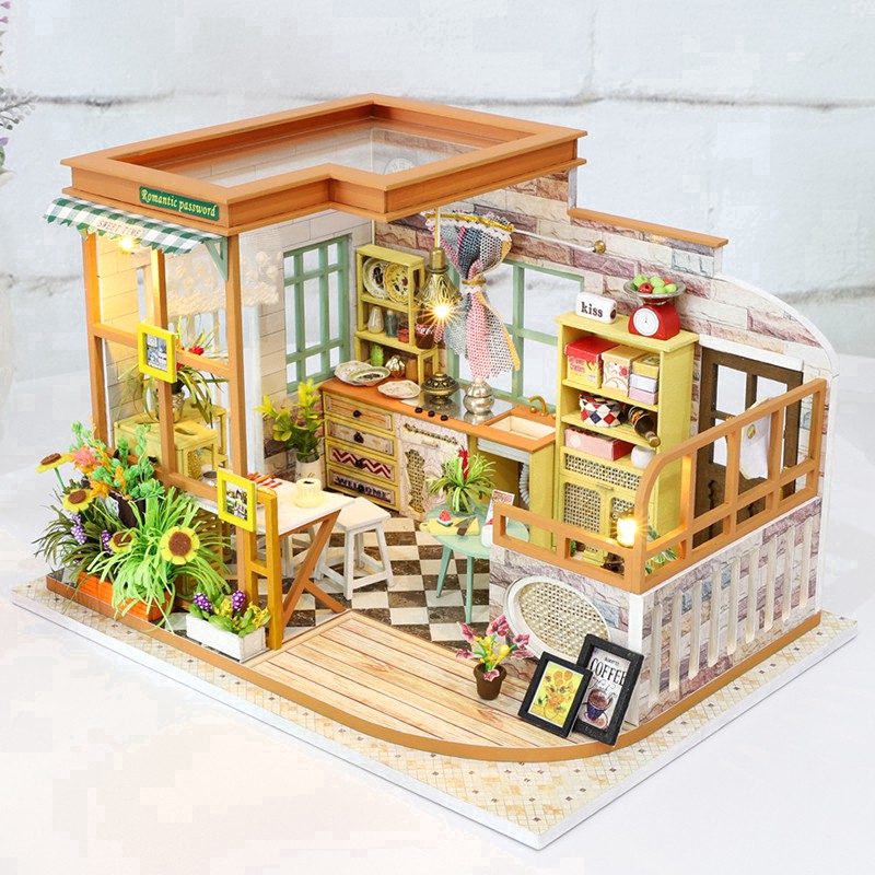 Mô hình nhà gỗ búp bê Tự, Bộ đồ chơi búp bê thu nhỏ với nội thất, làm Nhà thủ công Sưu tầm cho sở thích  S02