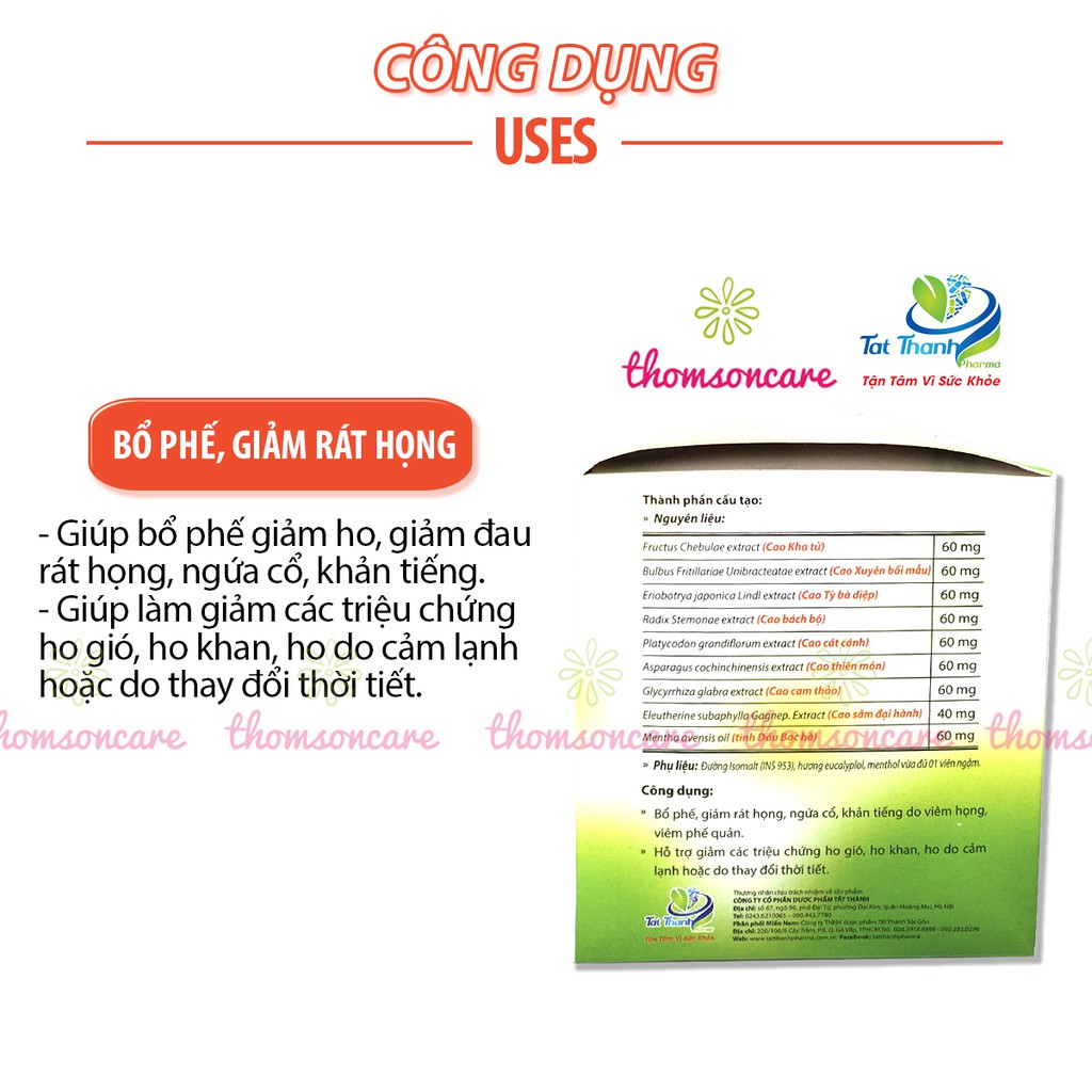 Viên ngậm ho Bách bộ - hỗ trợ giảm ho, bổ phế, giảm đau họng từ thảo dược và đường ăn kiêng isomalt