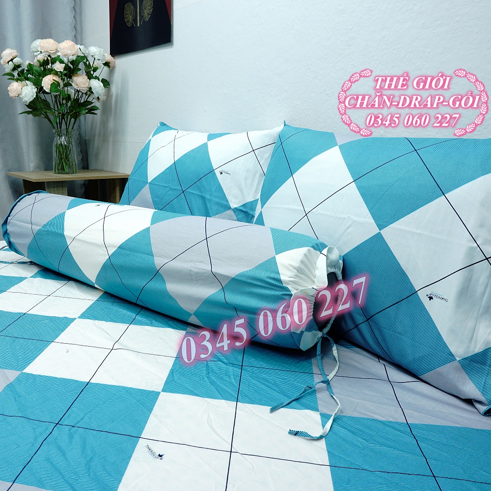 (RẺ VÔ ĐỊCH) bộ drap cotton Thắng Lợi, ga trãi giường 100% chuẩn LOGO ( Ô XANH NGỌC)