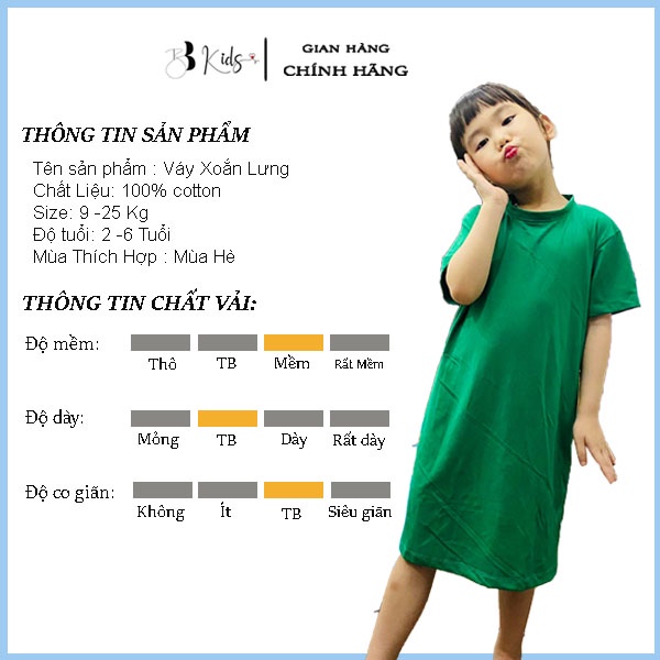 Váy Xuông, Xoắn Lưng Cá Tính BB kids Cho bé, Chất liệu Cotton