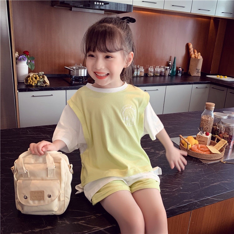 Bộ Đồ Hai Mảnh Áo Tay Ngắn Và Quần Bằng Vải Cotton Màu Trơn Thời Trang Mùa Hè Dành Cho Bé Gái