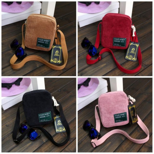 Túi đeo chéo nữ mini vải nhung sọc kẻ tăm Living - tuicheo054