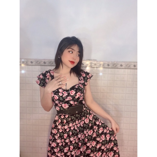 Đầm xoè xếp li cúp ngực cánh tiên có túi hai bên hoạ tiết hoa nhiều màu ảnh thật chính chủ