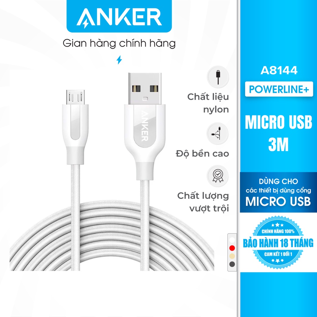 [Không bao da] Cáp sạc ANKER PowerLine+ Micro USB Dài 3.0m - A8144