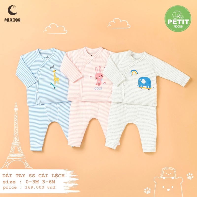 Moon - Bộ cài lệch dài tay vải Petit mềm mát cho bé trai, bé gái từ sơ sinh đến 6 tháng