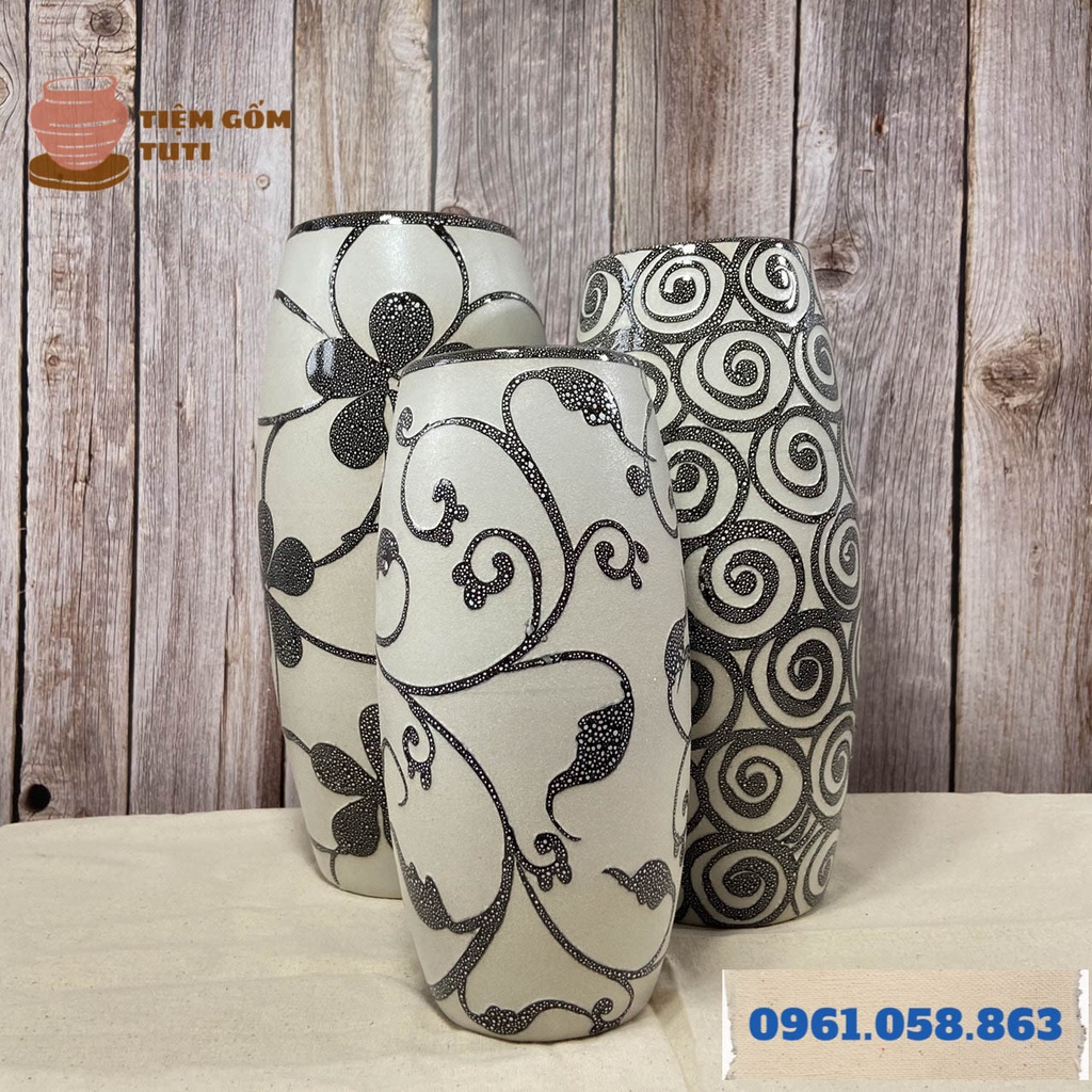 Lọ hoa decor, bình hoa gốm, bom nến BÁT TRÀNG men trắng bóng, họa tiết hoa xoắn độc đáo H30-H26-H24