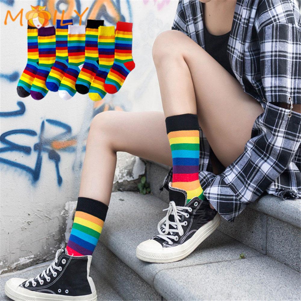 Vớ Cotton Cổ Cao Họa Tiết Sọc Ngang Nhiều Màu Sắc Đầy Cá Tính
