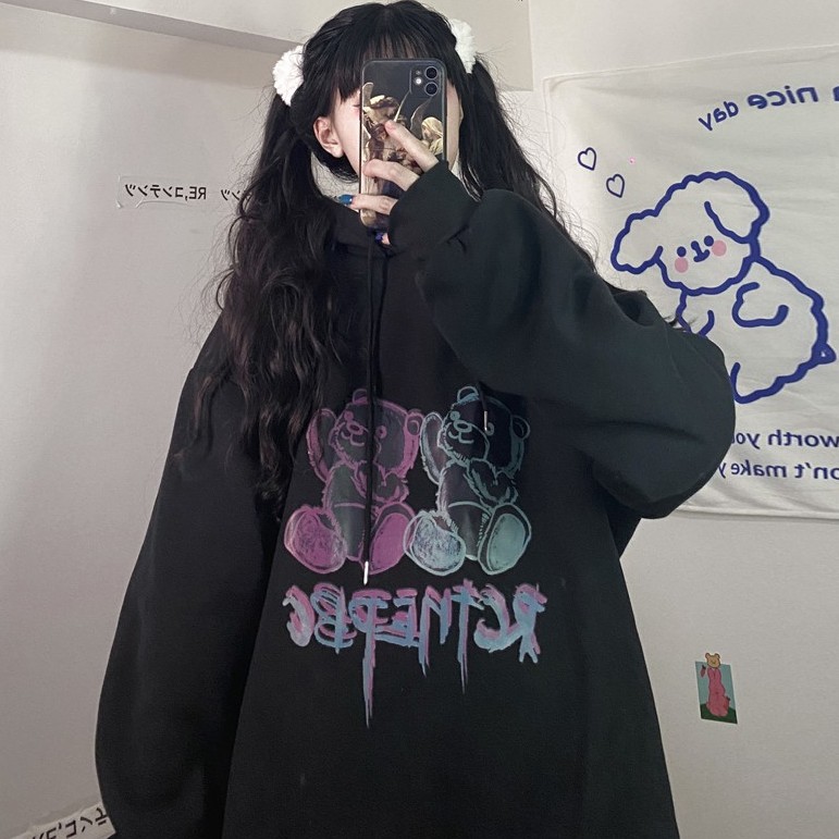 Áo hoodie nữ form rộng màu đen trắng chất nỉ bông đẹp dầy dặn