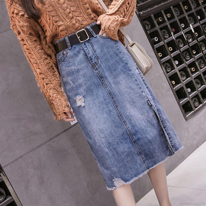 Chân Váy Denim Lửng Xẻ Tà Lưng Cao Khoét Lỗ Màu Trơn Dây Khóa Kéo Thời Trang Xuân Hè Dành Cho Nữ | BigBuy360 - bigbuy360.vn