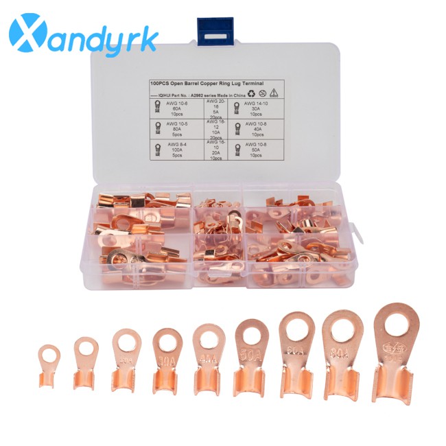 100pcs Copper Open Barrel Ring Lug Terminals Copper Wire Assortment Crimp Kit Pure Terminal