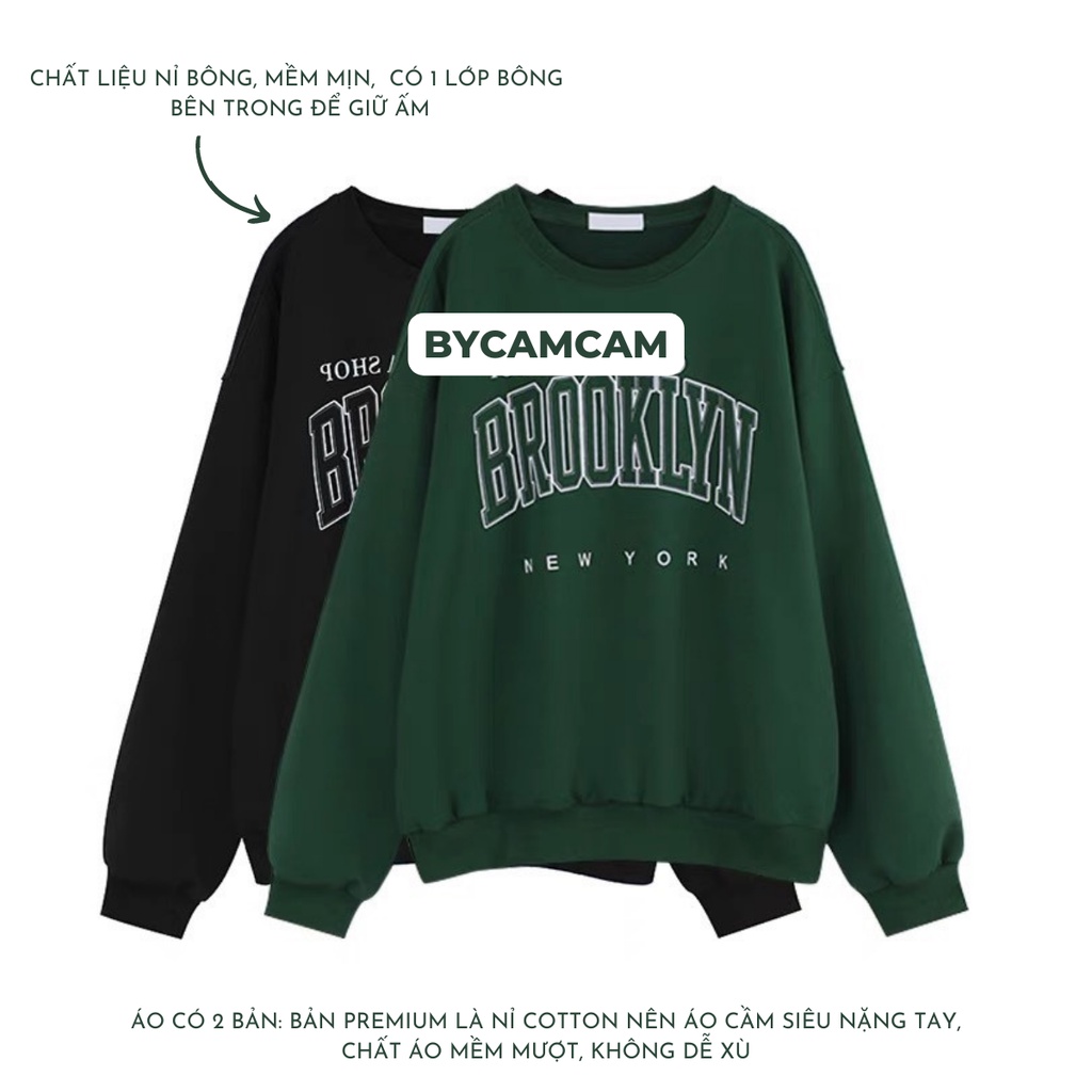Áo Nỉ Sweater Cotton Oversize Dày Dặn Xanh Rêu Vintage Chữ BROOKLYN 𝘽𝙮.𝘾𝙖𝙢𝙘𝙖𝙢
