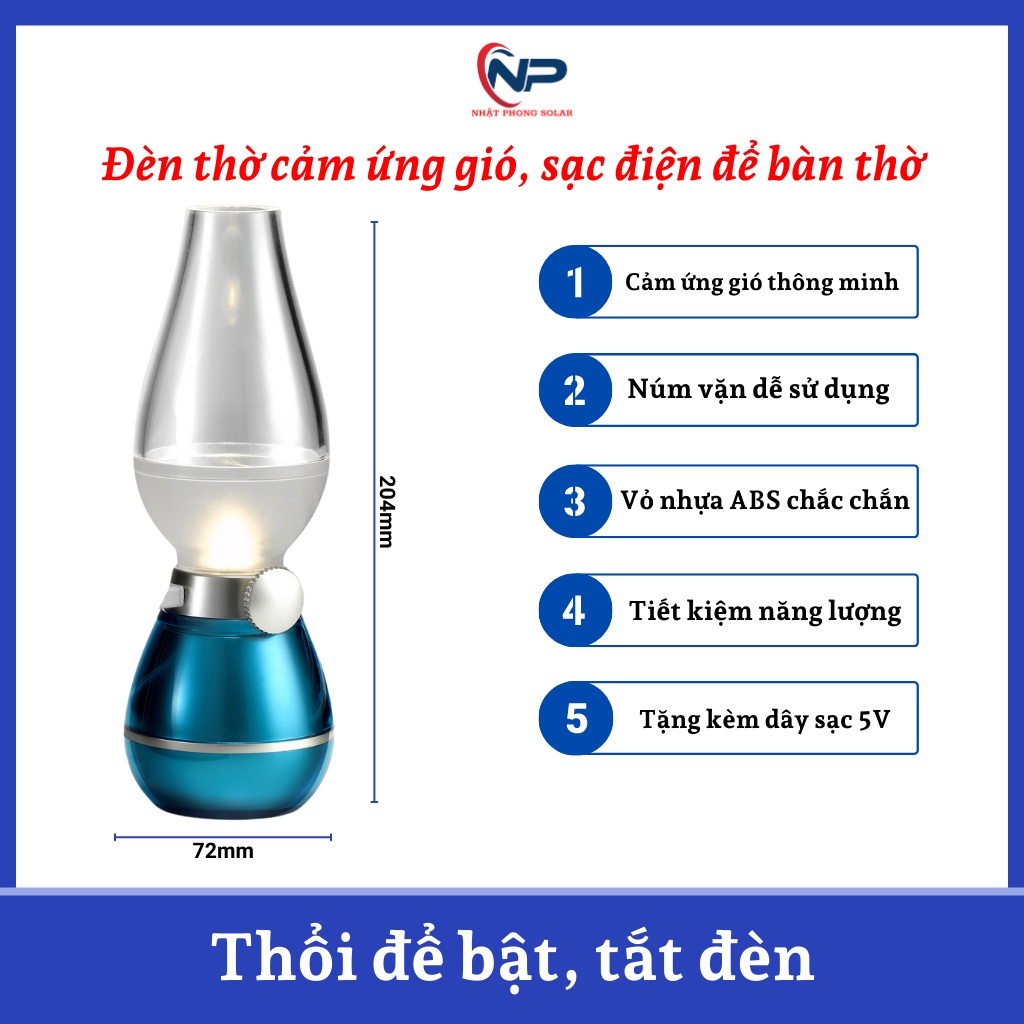 Đèn thờ cảm ứng, thổi để bật tắt tùy ý, có núm vặn điều chỉnh độ sáng, tích điện, tặng kèm sạc USB