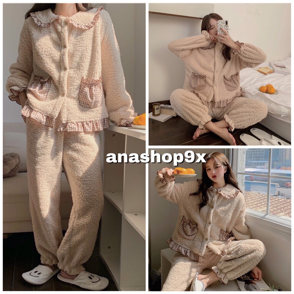 Set ngủ dài tay lông cừu form rộng mặc thu đông anashop9x