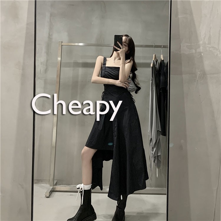 Váy hai dây tầng cực tôn dáng - Váy hai dây bản to đen Bape lệch tầng bèo có dây rút bụng chỉnh eo freesize C106