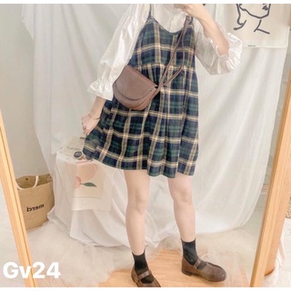 Set áo sơ mi và đầm yếm kẻ , Freesize