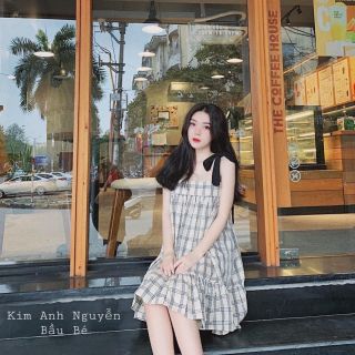 Đầm bầu caro nâu mẫu hot mùa hè dạo phố