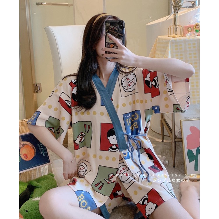 Bộ đồ ngủ kimono kiểu nhật, set ngủ mặc nhà chất liệu cotton