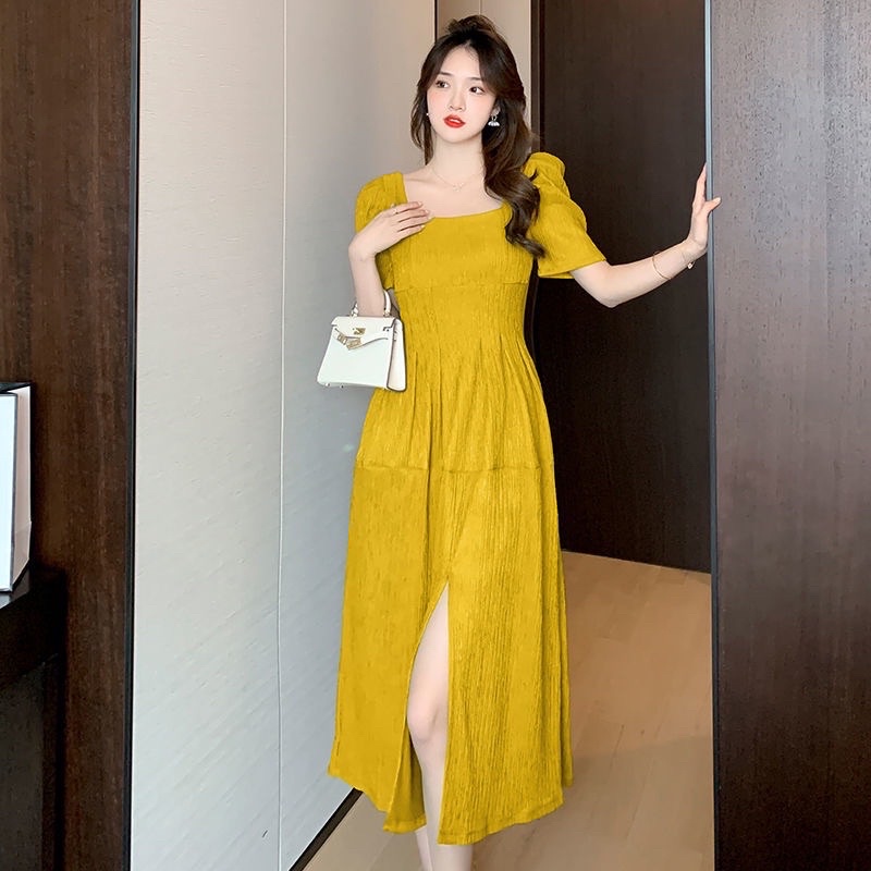 ĐẦM MIDI CỔ VUÔNG TAY PHỒNG GÂN SỌC