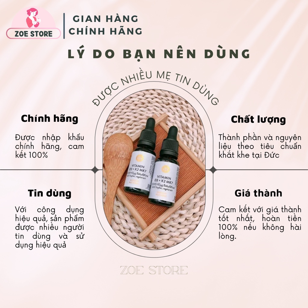 Vitamin D3 K2 MK7 cho bé của Đức dạng nhỏ giọt giúp hấp thụ canxi phát triển chiều cao cho bé