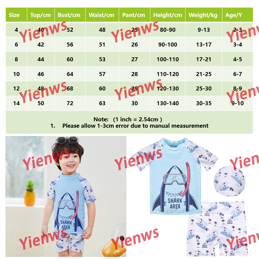 Bộ Đồ Bơi 3 Món Áo Tay Ngắn In Hình Cá Mập Hoạt Hình + Mũ Bơi Dành Cho Bé Trai