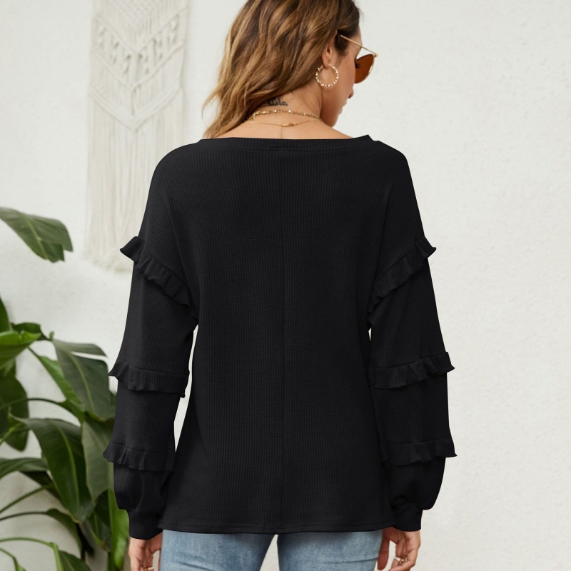 Xiangbao Áo Sơ Mi Tay Dài Phồng Cổ Chữ V Phối Bèo Thanh Lịch Dễ Phối Đồ Cho Nữ