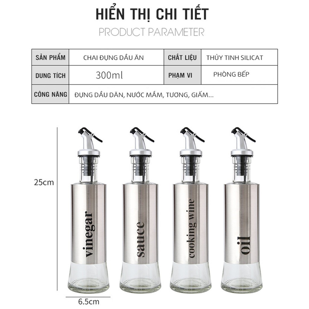 Chai Đựng Dầu Ăn, Đựng Nước Mắm 300ml, Thủy Tinh Cao Cấp, Đầu Vòi Chống Rót Tràn Đặc Biệt