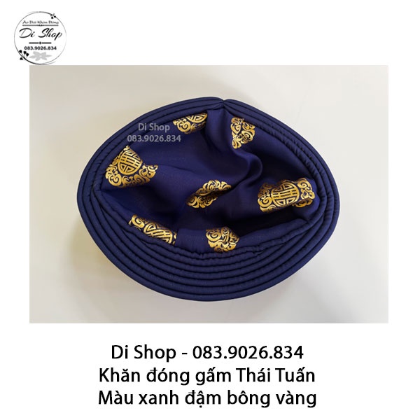 Áo dài khăn đóng truyền thống nam  vải gấm Thái Tuấn chính hãng - MÀU XANH ĐẬM BÔNG VÀNG