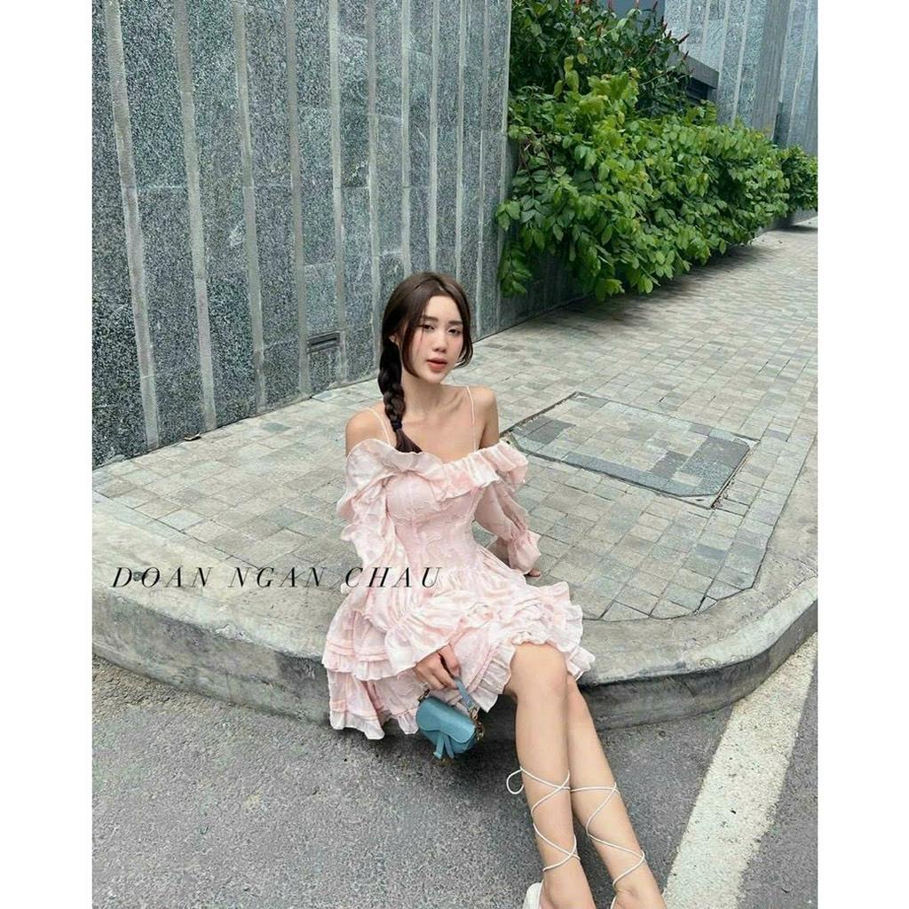 Đầm ren xòe 2 dây rớt vai tay bo dài