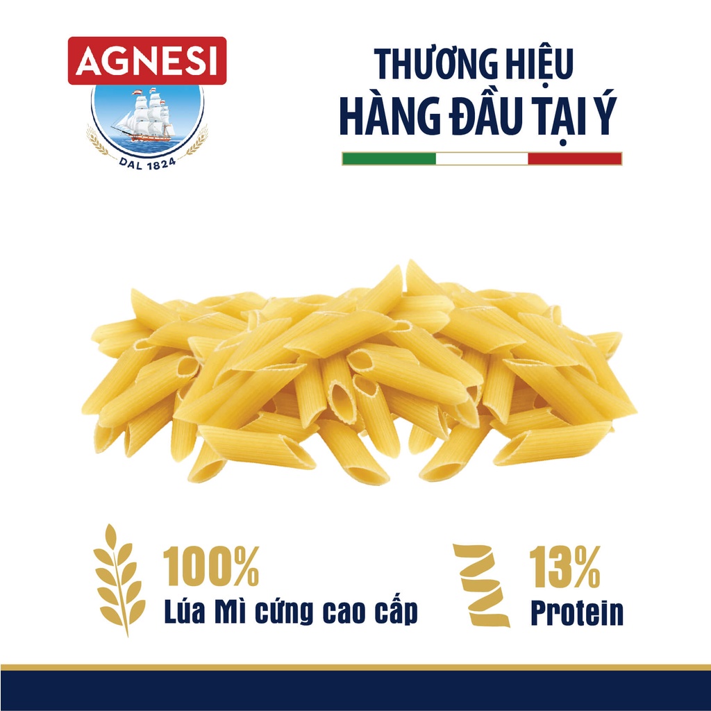 3 gói nui Penne Rigate Agnesi 500g/ gói, dùng lúa mì durum cao cấp giữ sốt, không gãy và dính