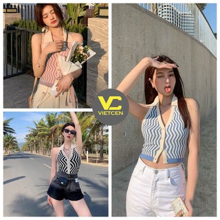 Áo yếm hở lưng họa tiết cổ V VIETCEN áo ba lỗ croptop kẻ sọc cài cúc dáng ôm thời trang nữ
