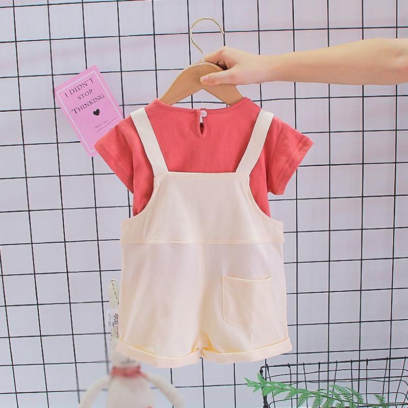 Bộ Áo Thun Tay Ngắn + Quần Yếm Màu Trơn Dễ Thương Cho Bé Gái 1-4 Tuổi