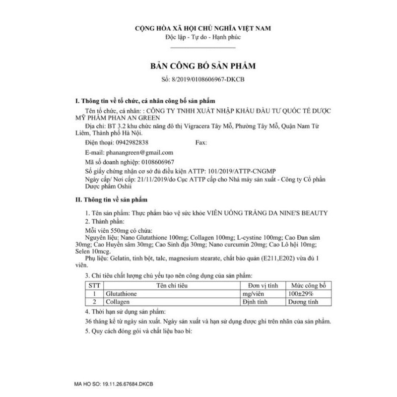 Viên uống trắng da Nine's Beauty. Giúp làm mờ nám sáng da giảm thâm tàn nhang Date mới Hộp 30 viên [Sản Phẩm Chính Hãng] | Thế Giới Skin Care